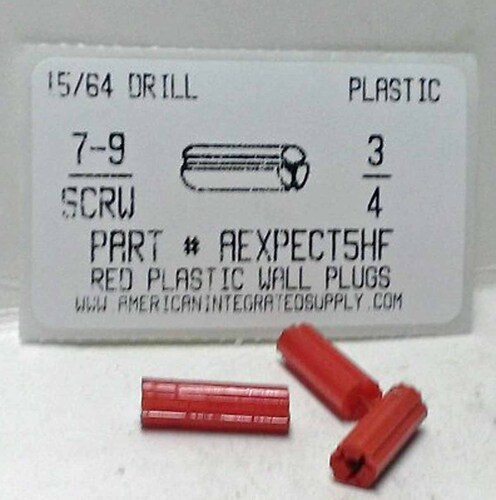 7-8-9 SCREW 3/4 RED FLUTED PLASTIC ANCHOR 6MM HOLE