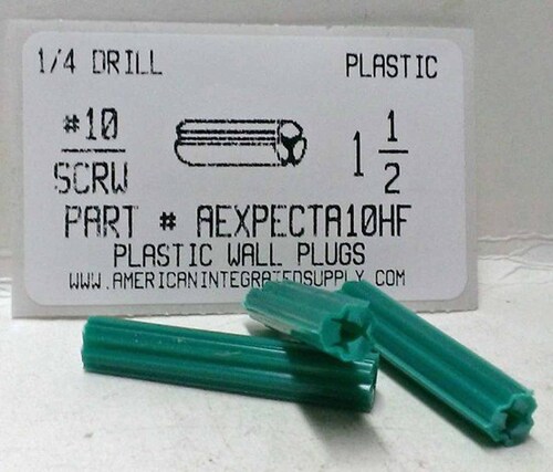 #10 SCREW 1-1/2 GREEN FLUTED PLASTIC ANCHOR 1/4 HOLE