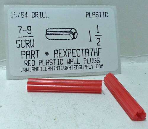 7-8-9 SCREW 1 1/2 RED FLUTED PLASTIC ANCHOR 6MM HOLE