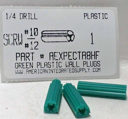 #10 SCREW 1" GREEN FLUTED PLASTIC ANCHOR 1/4 HOLE