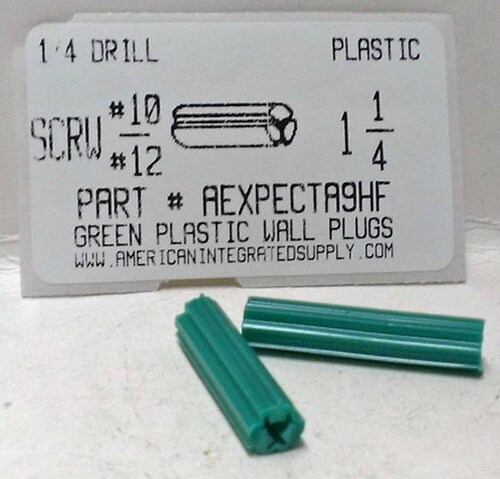 #10 SCREW 1-1/4 GREEN FLUTED PLASTIC ANCHOR 1/4 HOLE