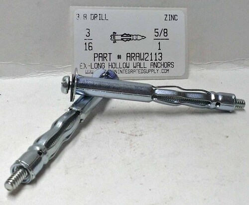 3/16 EXTRA LONG HOLLOW WALL ANCHOR 3/8 DRILL 1-1/4 TO 1-3/4 GRIP RANGE