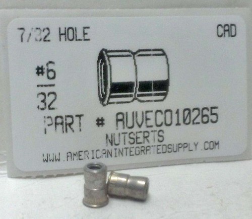 6-32 NUTSERT INSERT 7/32 HOLE STEEL TIN PLATED GRIP RANGE 0.030" MIN