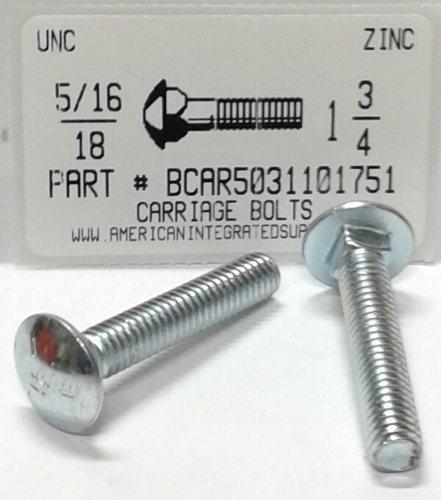 5/16-18X1-3/4 CARRIAGE BOLT FULLY THREADED GRADE 5 STEEL ZINC PLATED