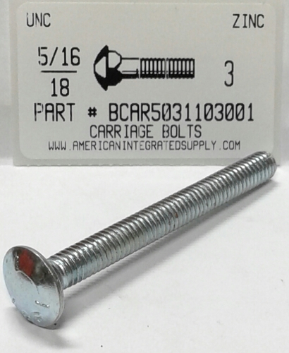 5/16-18X3 CARRIAGE BOLT FULLY THREADED GRADE 5 STEEL ZINC PLATED