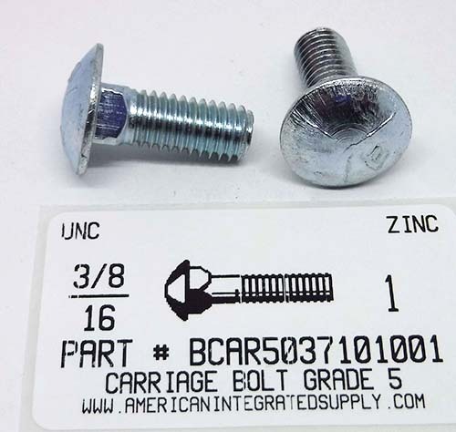 3/8-16X1 CARRIAGE BOLT FULLY THREADED GRADE 5 STEEL ZINC PLATED