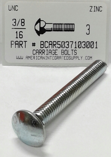 3/8-16X3 CARRIAGE BOLT FULLY THREADED GRADE 5 STEEL ZINC PLATED