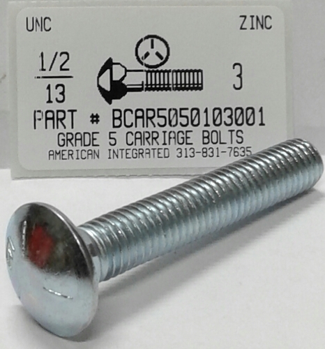 1/2-13X3 CARRIAGE BOLT FULLY THREADED GRADE 5 GRADE 5 STEEL ZINC PLATED