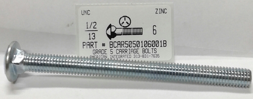 1/2-13X6 CARRIAGE BOLT FULLY THREADED GRADE 5 STEEL ZINC PLATED