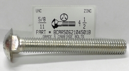 5/8-11X4-1/2 CARRIAGE BOLT FULLY THREADED GRADE 5 STEEL ZINC PLATED