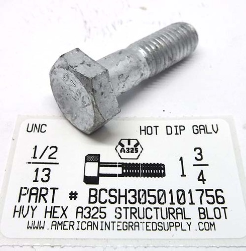 1/2-13X1-3/4 HEAVY HEX STRUCTURAL BOLT A325 STEEL HOT DIP GALVANIZED