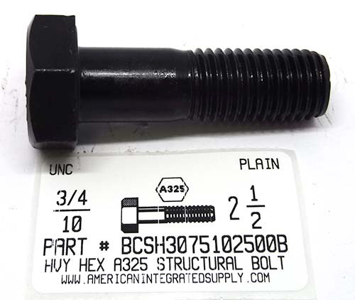 3/4-10X2-1/2 HEAVY HEX A325 STRUCTURAL BOLT STEEL PLAIN