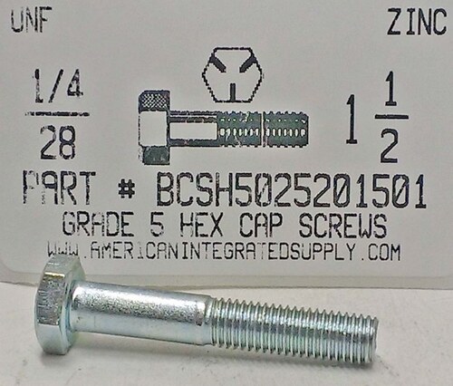 1/4-28X1-1/2 HEX HEAD CAP SCREW GRADE 5 STEEL ZINC PLATED