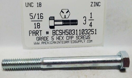 5/16-18X3-1/4 HEX HEAD CAP SCREW GRADE 5 STEEL ZINC PLATED