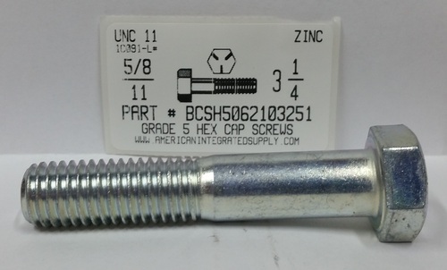 5/8-11X3-1/4 HEX HEAD CAP SCREW GRADE 5 STEEL ZINC PLATED