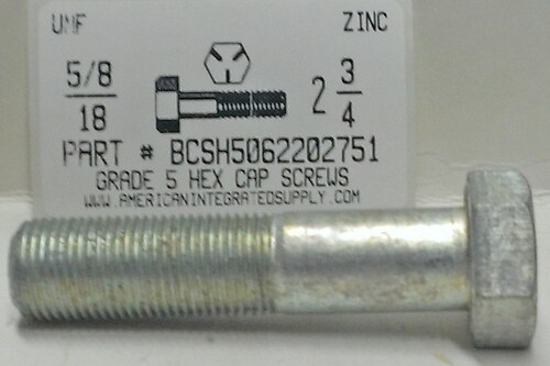 5/8-18X2-3/4 HEX HEAD CAP SCREW GRADE 5 STEEL ZINC PLATED