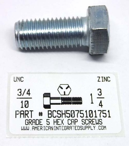 3/4-10X1-3/4 HEX HEAD CAP SCREW GRADE 5 STEEL ZINC PLATED