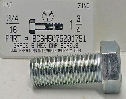 3/4-16X1-3/4 HEX HEAD CAP SCREW GRADE 5 STEEL ZINC PLATED