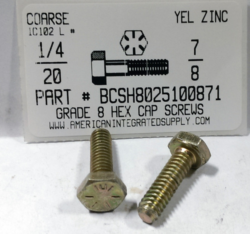 1/4-20X7/8 HEX HEAD CAP SCREW GRADE 8 STEEL YELLOW ZINC PLATED