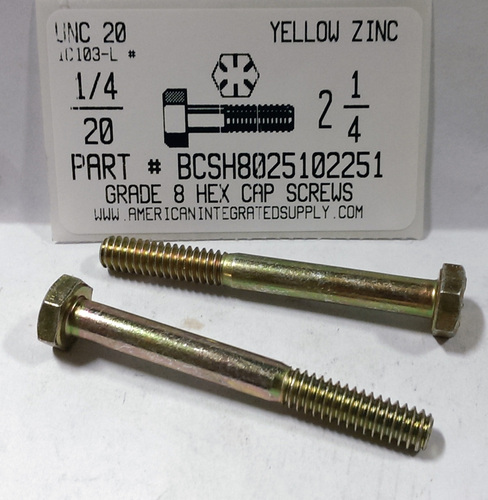 1/4-20X2-1/4 HEX HEAD CAP SCREW GRADE 8 STEEL YELLOW ZINC PLATED