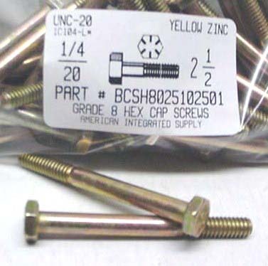 1/4-20X2-1/2 HEX HEAD CAP SCREW GRADE 8 STEEL YELLOW ZINC PLATED