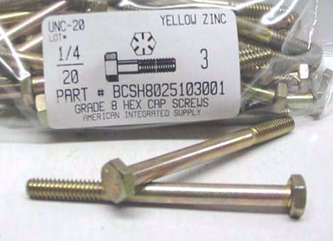 1/4-20X3 HEX HEAD CAP SCREW GRADE 8 STEEL YELLOW ZINC PLATED