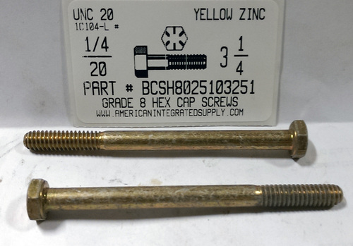 1/4-20X3-1/4 HEX HEAD CAP SCREW GRADE 8 STEEL YELLOW ZINC PLATED