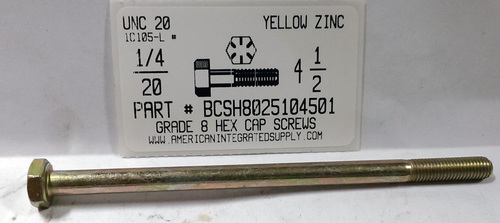 1/4-20X4-1/2 HEX HEAD CAP SCREW GRADE 8 STEEL YELLOW ZINC PLATED