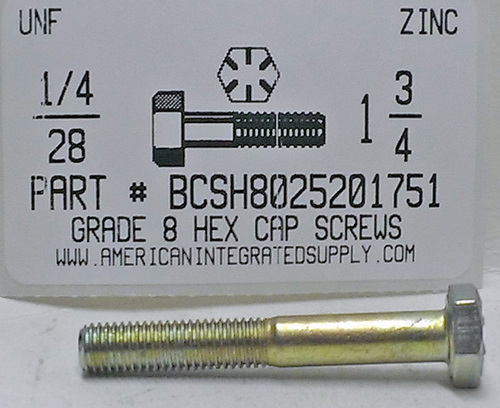 1/4-28X1-3/4 HEX HEAD CAP SCREW GRADE 8 STEEL YELLOW ZINC PLATED