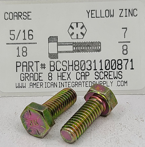 5/16-18X7/8 HEX HEAD CAP SCREW GRADE 8 STEEL YELLOW ZINC PLATED