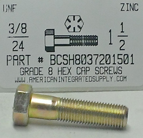 3/8-24X1-1/2 HEX HEAD CAP SCREW GRADE 8 STEEL YELLOW ZINC PLATED