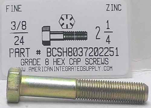 3/8-24X2-1/4 HEX HEAD CAP SCREW GRADE 8 STEEL YELLOW ZINC PLATED