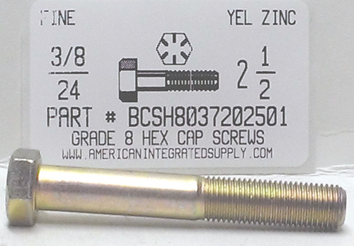 3/8-24X2-1/2 HEX HEAD CAP SCREW GRADE 8 STEEL YELLOW ZINC PLATED