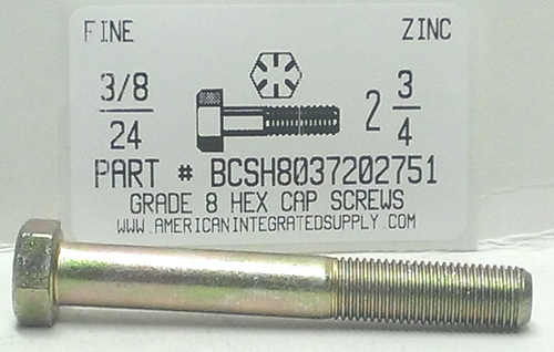 3/8-24X2-3/4 HEX HEAD CAP SCREW GRADE 8 STEEL YELLOW ZINC PLATED