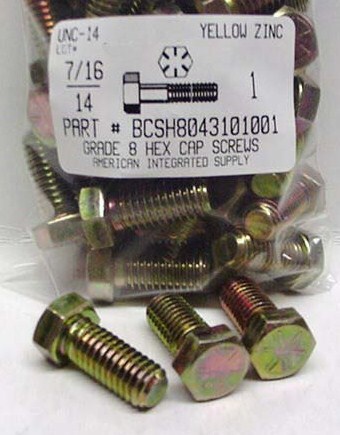 7/16-14X1 HEX HEAD CAP SCREW GRADE 8 STEEL YELLOW ZINC PLATED