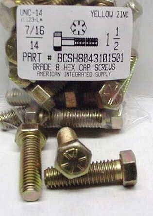 7/16-14X1-1/2 HEX HEAD CAP SCREW GRADE 8 STEEL YELLOW ZINC PLATED