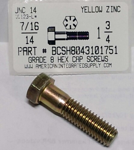 7/16-14X1-3/4 HEX HEAD CAP SCREW GRADE 8 STEEL YELLOW ZINC PLATED