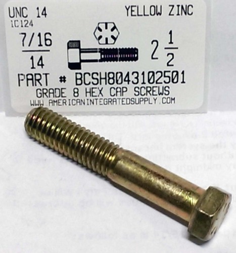 7/16-14X2-1/2 HEX HEAD CAP SCREW GRADE 8 STEEL YELLOW ZINC PLATED