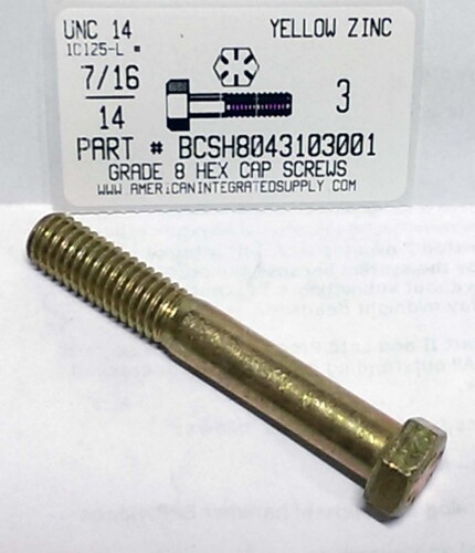 7/16-14X3 HEX HEAD CAP SCREW GRADE 8 STEEL YELLOW ZINC PLATED