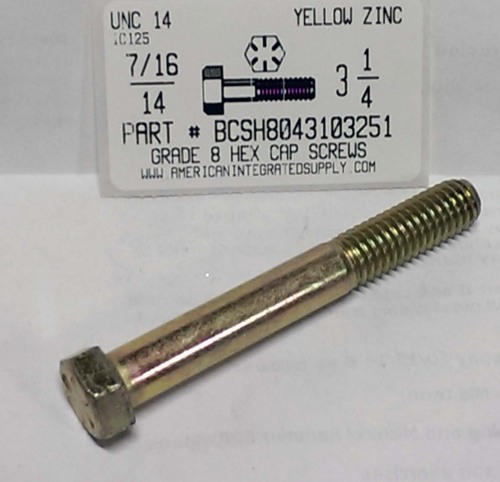 7/16-14X3-1/4 HEX HEAD CAP SCREW GRADE 8 STEEL YELLOW ZINC PLATED