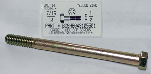 7/16-14X5-1/2 HEX HEAD CAP SCREW GRADE 8 STEEL YELLOW ZINC PLATED