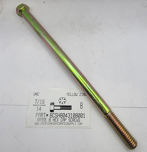 7/16-14X8 HEX HEAD CAP SCREW GRADE 8 STEEL YELLOW ZINC PLATED