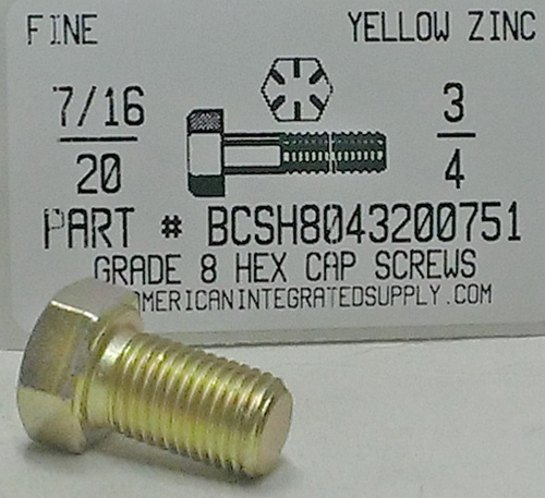 7/16-20X3/4 HEX HEAD CAP SCREW GRADE 8 STEEL YELLOW ZINC PLATED