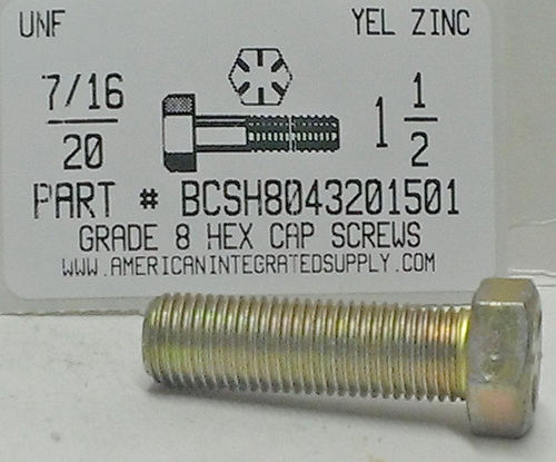 7/16-20X1-1/2 HEX HEAD CAP SCREW GRADE 8 STEEL YELLOW ZINC PLATED