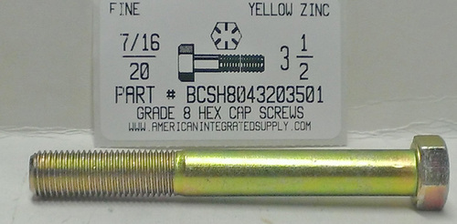 7/16-20X3-1/2 HEX HEAD CAP SCREW GRADE 8 STEEL YELLOW ZINC PLATED