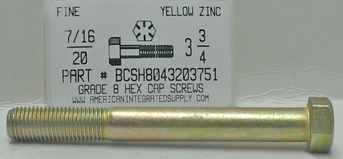 7/16-20X3-3/4 HEX HEAD CAP SCREW GRADE 8 STEEL YELLOW ZINC PLATED