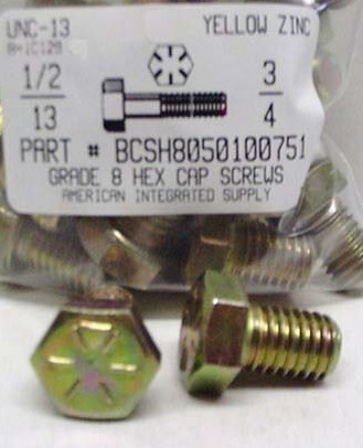 1/2-13X3/4 HEX HEAD CAP SCREW GRADE 8 STEEL YELLOW ZINC PLATED