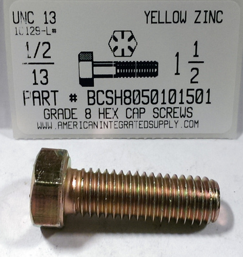 1/2-13X1-1/2 HEX HEAD CAP SCREW GRADE 8 STEEL YELLOW ZINC PLATED