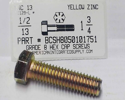 1/2-13X1-3/4 HEX HEAD CAP SCREW GRADE 8 STEEL YELLOW ZINC PLATED