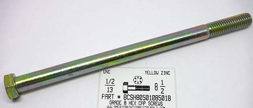 1/2-13X8-1/2 HEX HEAD CAP SCREW GRADE 8 STEEL YELLOW ZINC PLATED